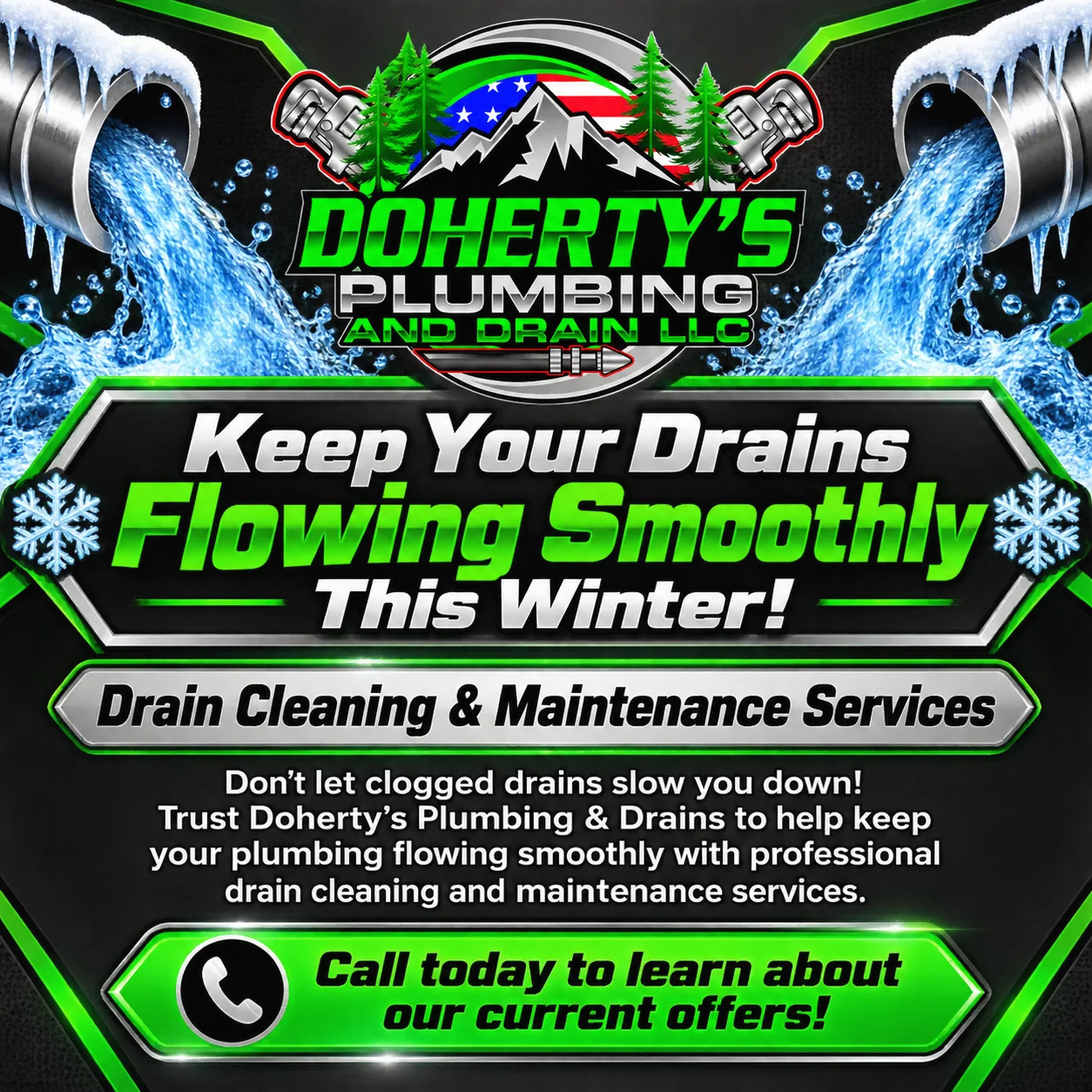 Dohertys Plumbing and Drain winter promo graphic with logo, icy pipes, and drain cleaning and maintenance text
